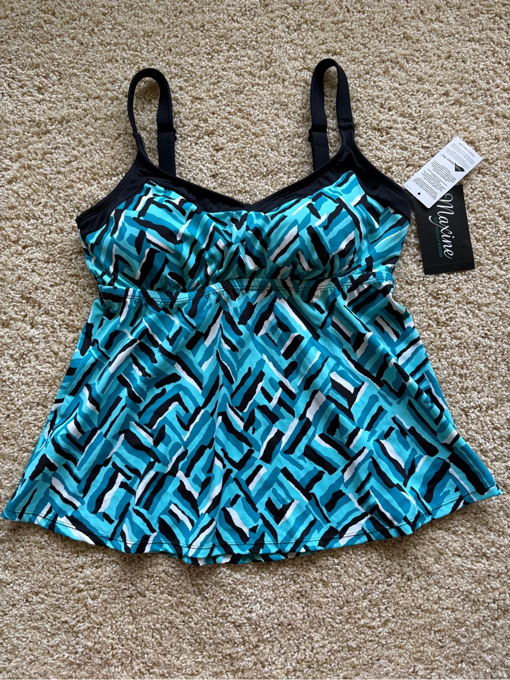 Maxine of‎ Hollywood 14D Tankini Swim Turquoise Black Geometric D Cup Underwire